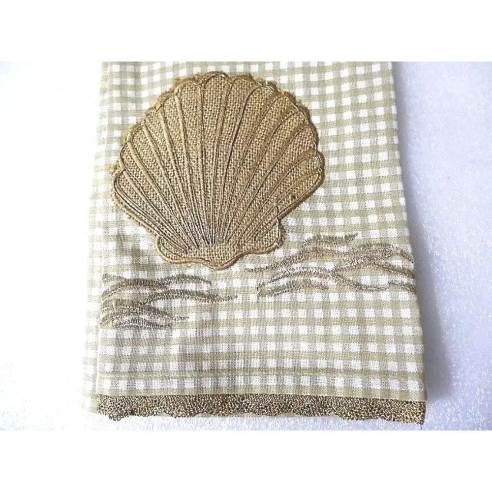 Artistic Accents Nautical Sea Shell Gold Lace Kitchen Towel Beach Cotton Tan NWT